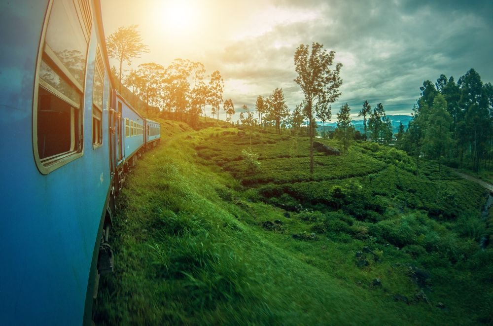 Train in Sri Lanka with a sunset or sunrise.